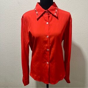 Floral Embroidered Collar Red Button-Up Top